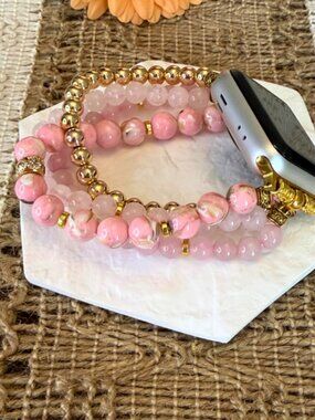 Apple Watch Band 42/44mm Rose Quartz Pink Howlite Gold Hematite Beaded Bracelet